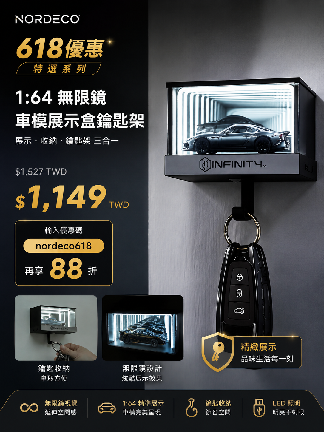 1:64 無限鏡車模展示盒鑰匙架